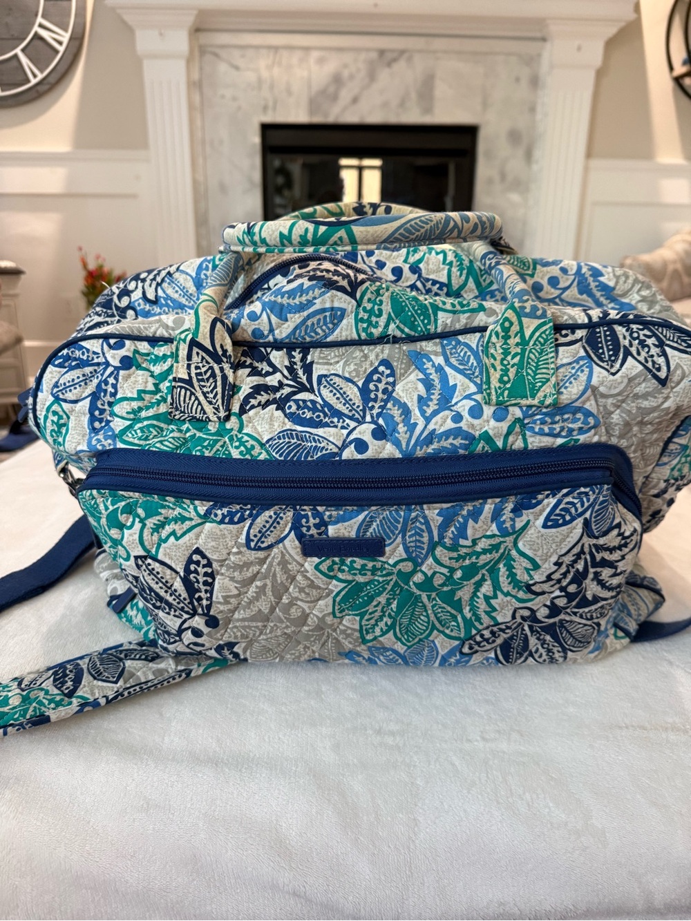 Vera Bradley Santiago Quilted Duffel Bag Blue Green Floral Weekender Travel Bag